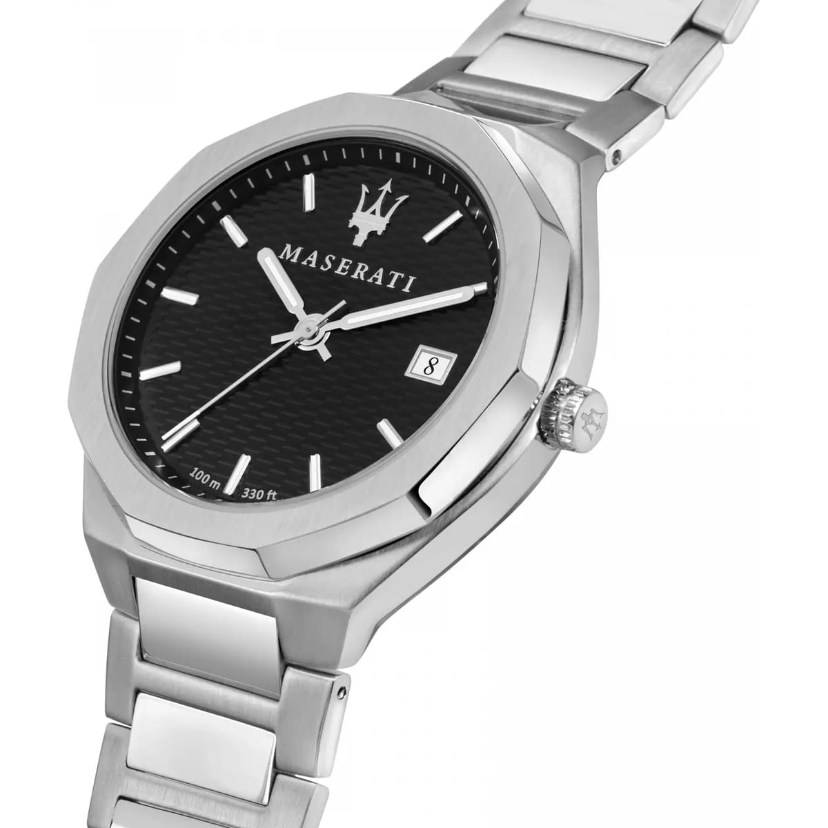 Maserati Stile watch at angle showing black dial, case and folding clasp bracelet