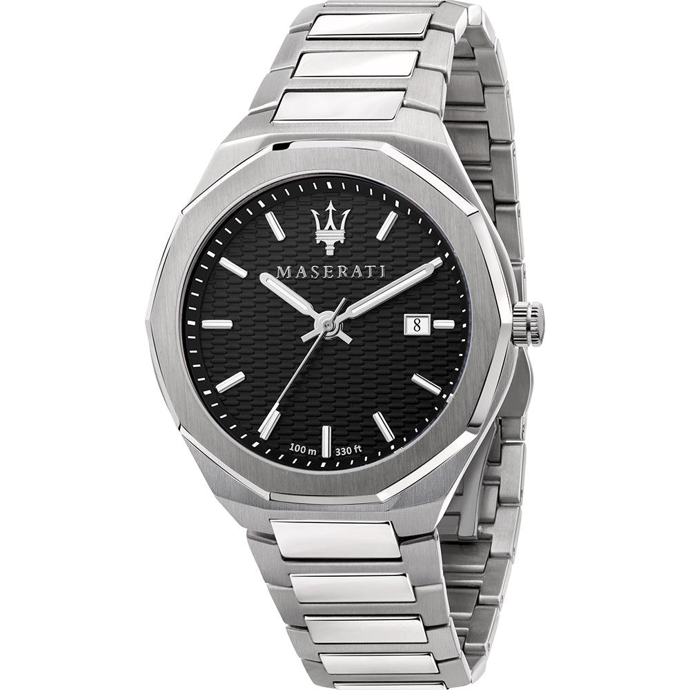 Maserati Stile men's watch with black dial, stainless steel case and bracelet