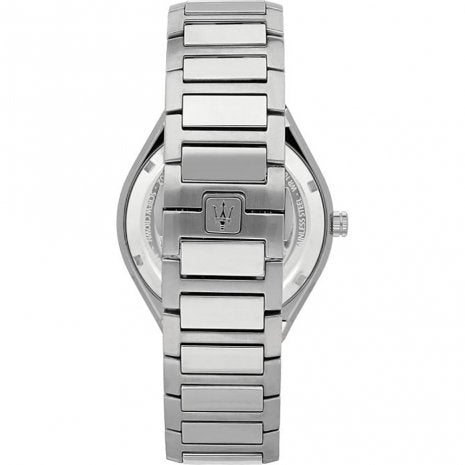 Back of Maserati Stile watch showing caseback with Maserati logo and bracelet