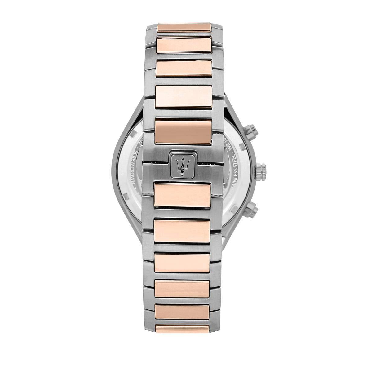 Caseback of Maserati Stile chronograph with rose gold and stainless steel construction