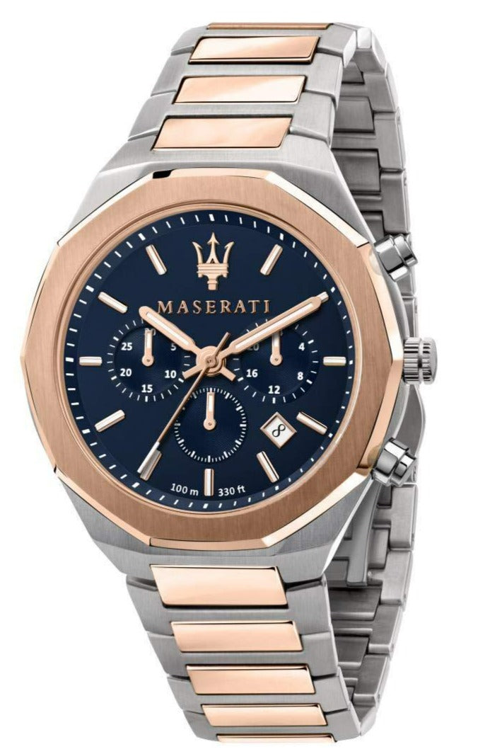 Maserati Stile chronograph watch with blue dial, rose gold and silver two-tone case and bracelet
