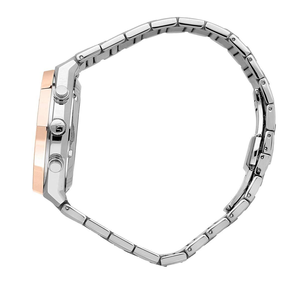 Side view of Maserati Stile watch showing rose gold bezel and two-tone link bracelet
