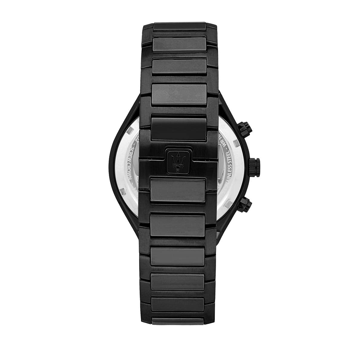 Caseback view of Maserati Stile watch showing steel bracelet and chronograph pushers