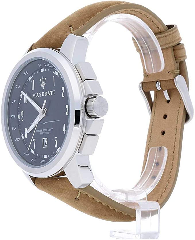 Side angle view of Maserati Successo watch showing beige leather strap and chronograph subdials