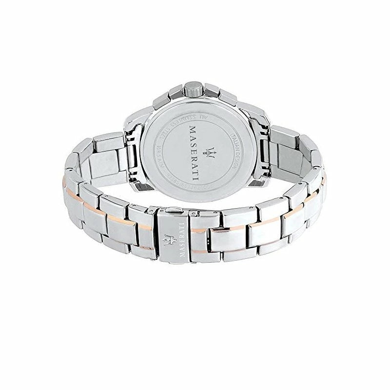 Maserati Successo watch caseback showing engraved Maserati branding and two-tone steel bracelet