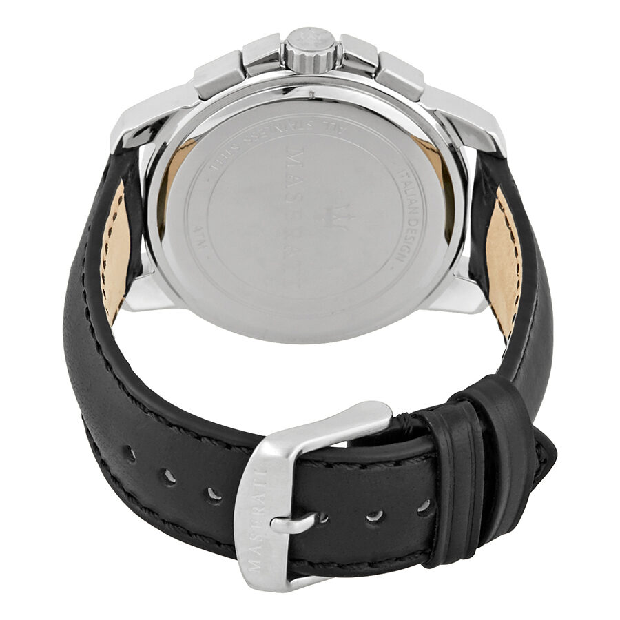 Maserati Successo watch caseback view showing stainless steel case and black leather strap
