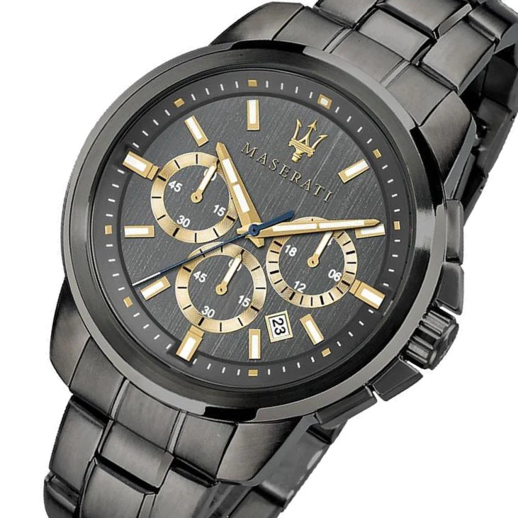 Maserati Successo chronograph at angle showing gunmetal case and grey dial with gold accents