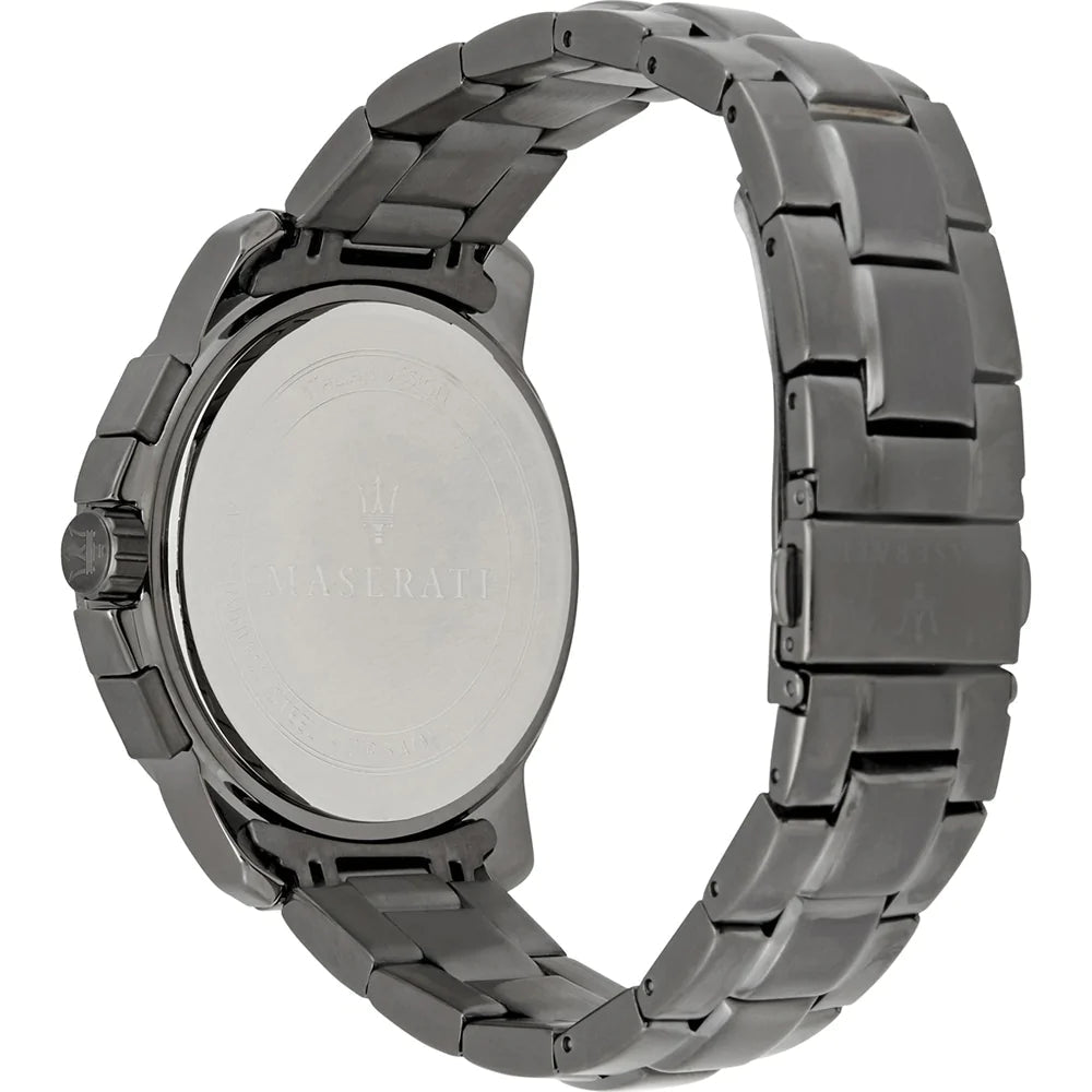 Maserati Successo caseback showing gunmetal stainless steel with Maserati branding