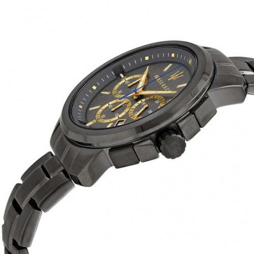 Maserati Successo chronograph side profile showing gunmetal bracelet and crown