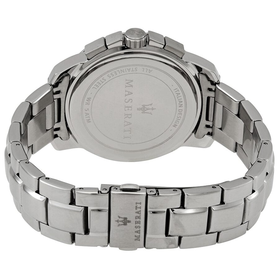Caseback of Maserati Successo watch showing stainless steel bracelet and case back