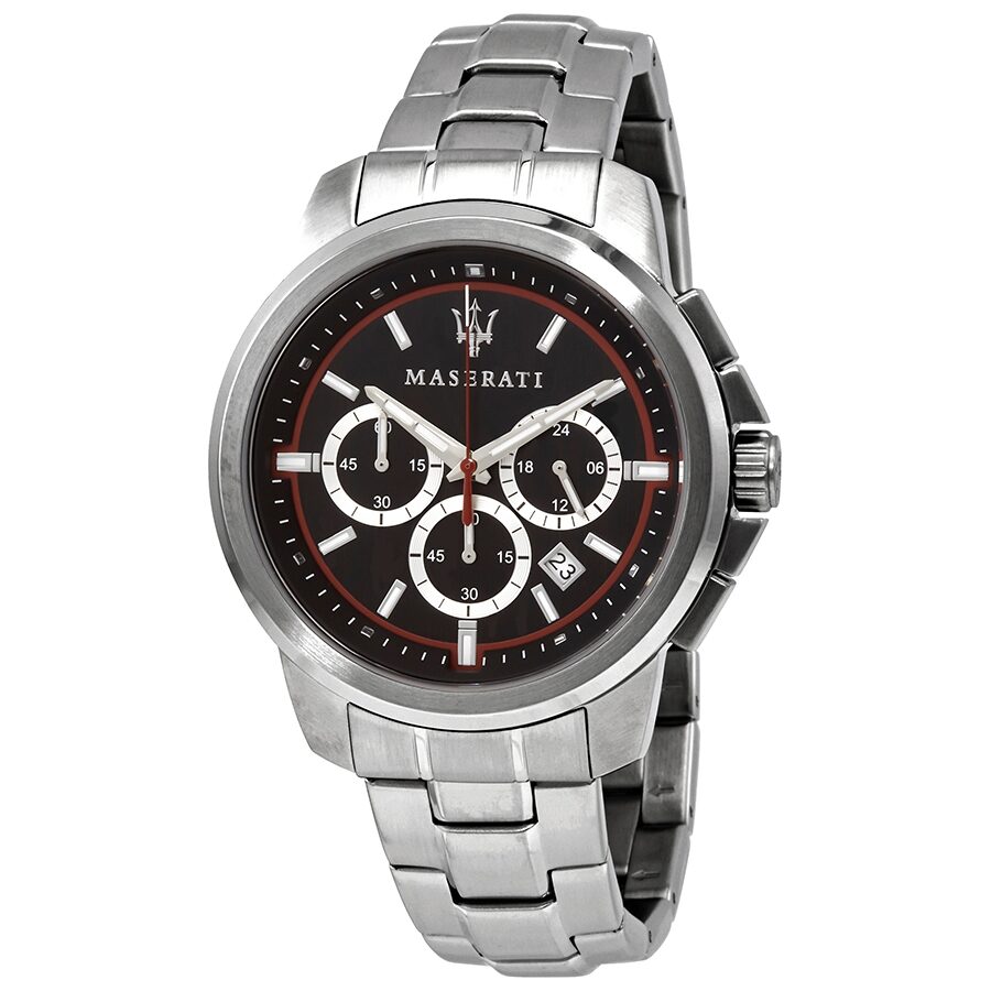 Maserati Successo chronograph quartz watch with black dial, three subdials, and stainless steel bracelet
