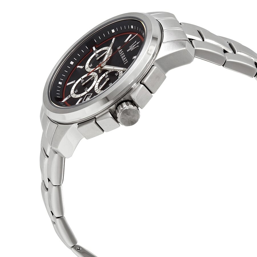 Side view of Maserati Successo chronograph watch with stainless steel link bracelet and pushers