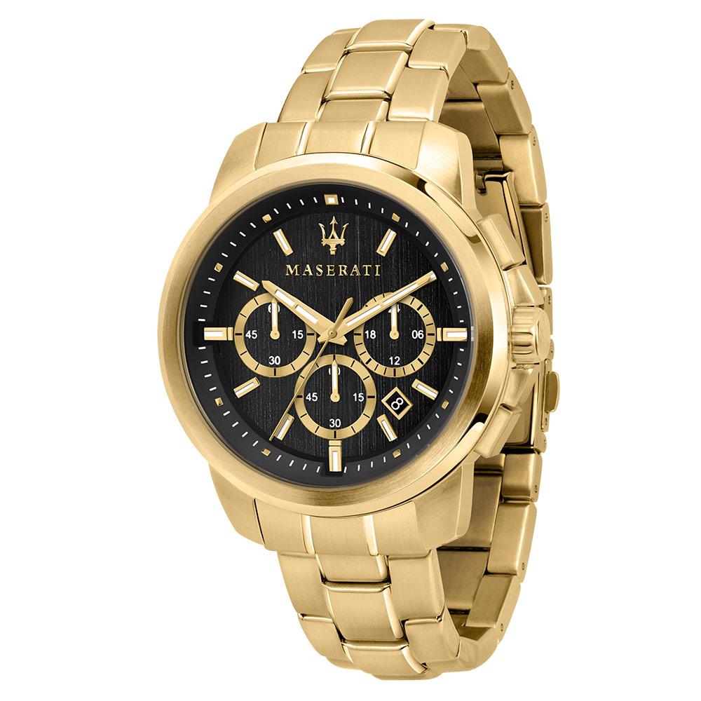 Maserati Successo chronograph watch with gold case, black dial, and three subdials