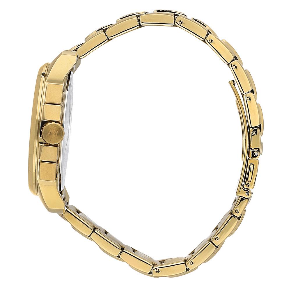 Gold-tone watch band shown from side view with link construction