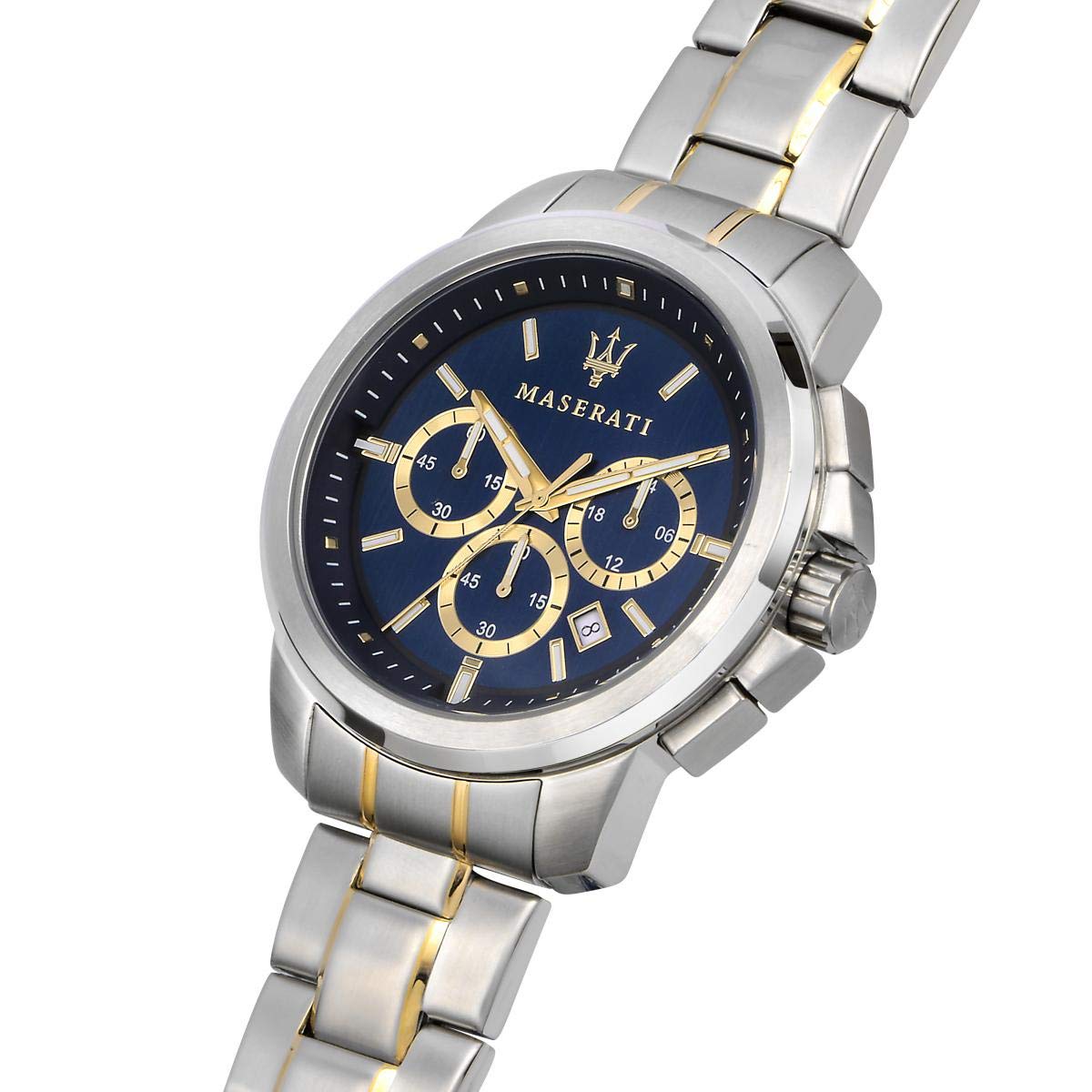Maserati Successo chronograph at angle showing blue dial with gold accents and two-tone steel band