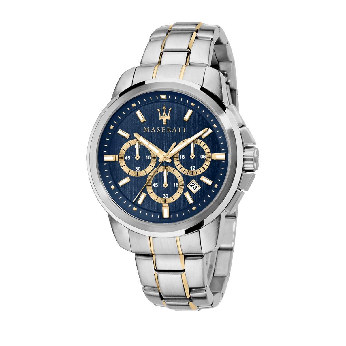Maserati Successo chronograph quartz watch with blue dial, gold hour markers and subdials, two-tone steel bracelet