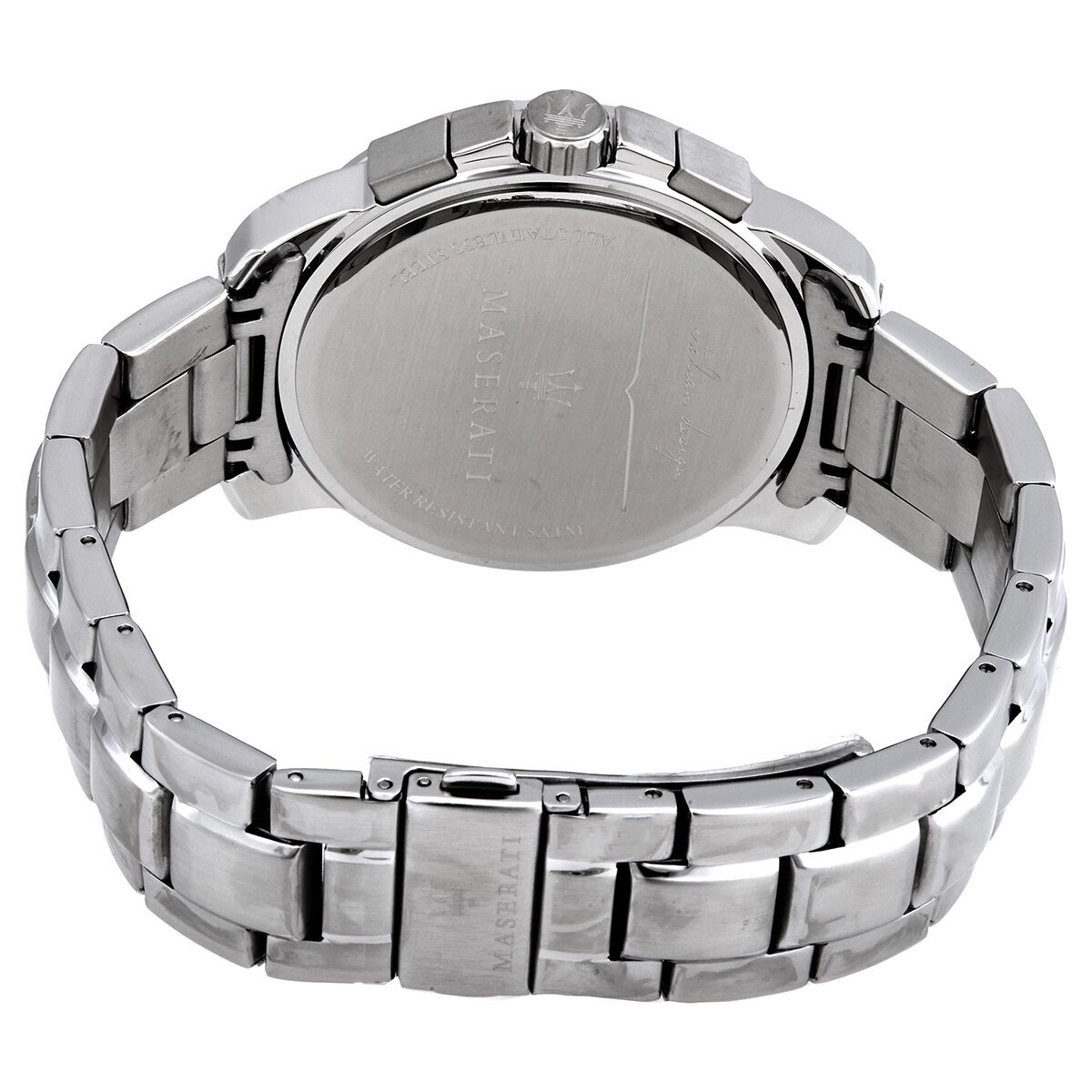 Maserati Successo watch caseback showing stainless steel back and bracelet