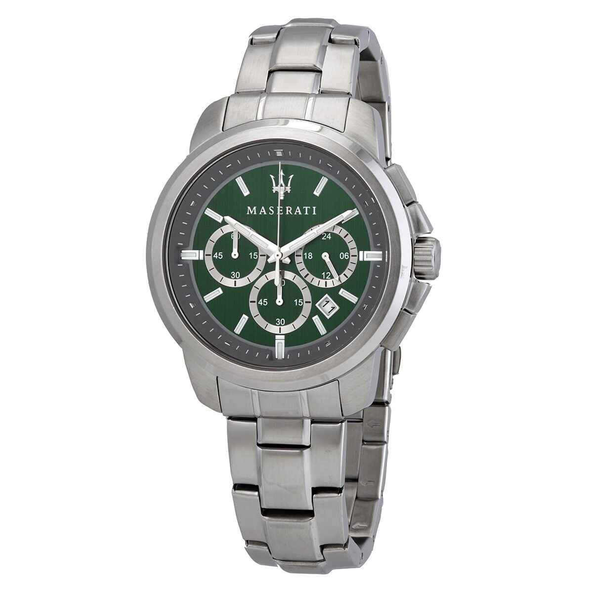 Maserati Successo chronograph watch with green dial and stainless steel bracelet