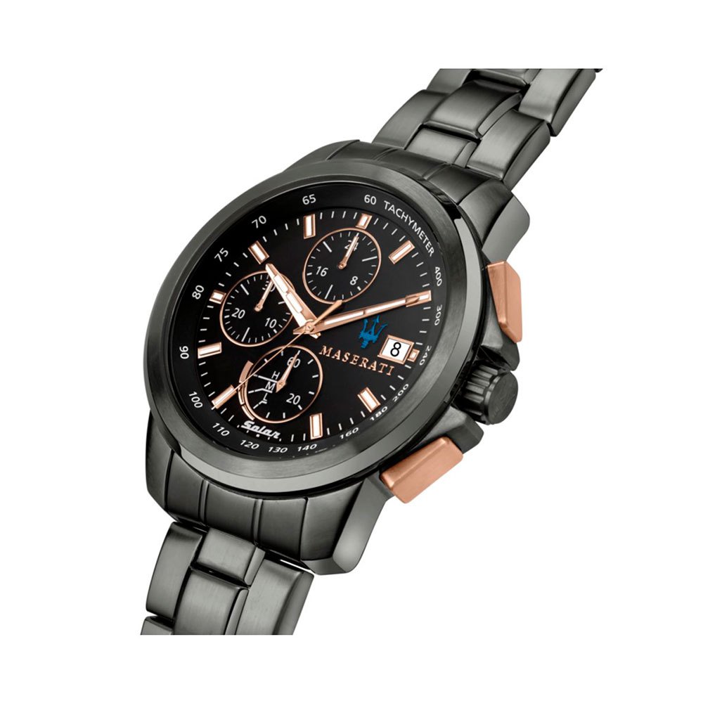 Maserati Successo chronograph watch angled view showing three subdials and bracelet