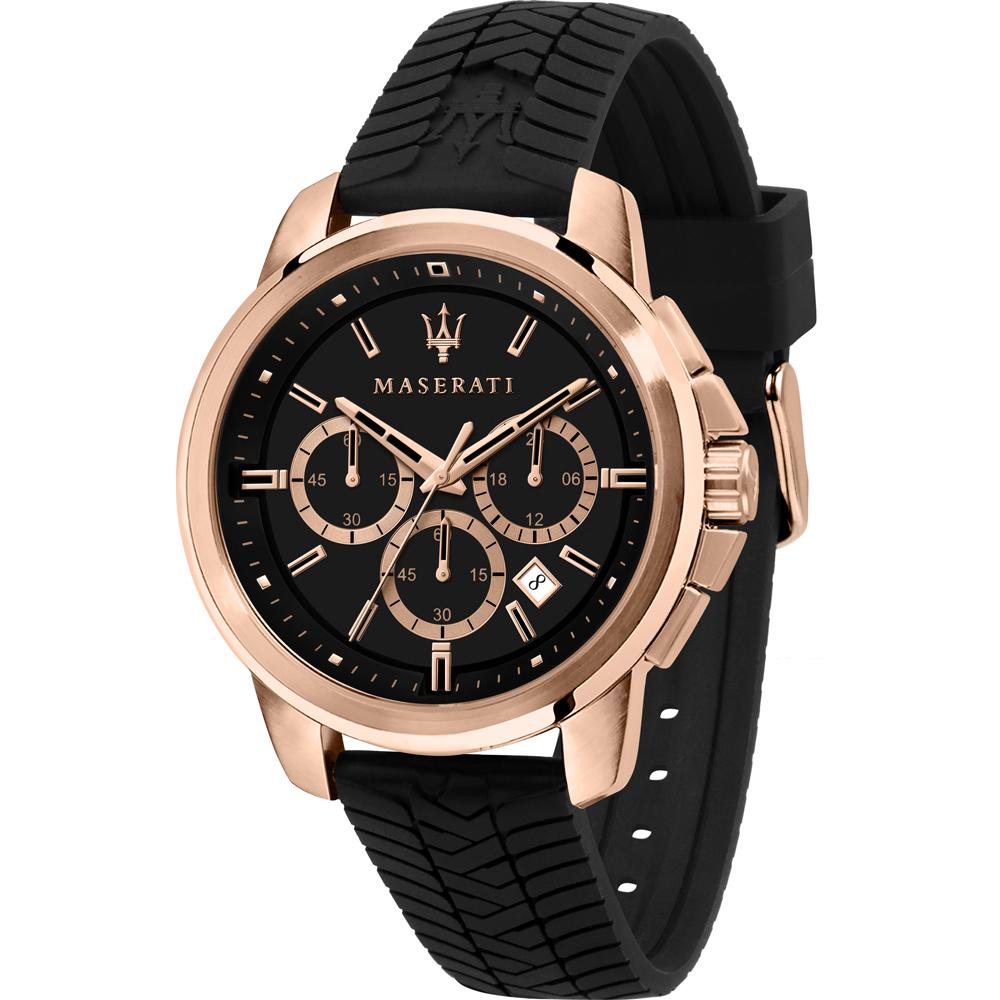 Maserati Successo rose gold chronograph watch with black dial and rubber strap
