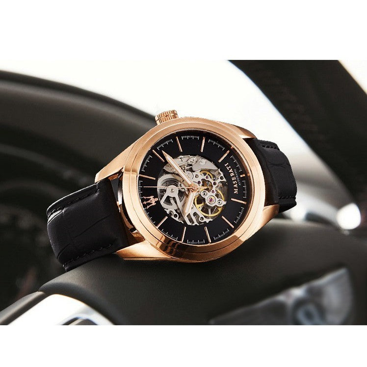 Maserati Traguardo skeleton dial watch with rose gold case and black leather strap detail