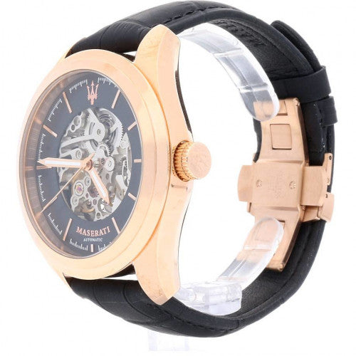 Side view of Maserati Traguardo watch showing rose gold case and black leather strap