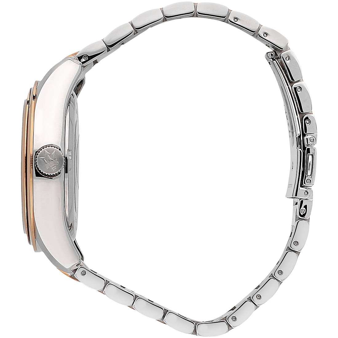 Side view of Maserati Traguardo watch showing two-tone stainless steel bracelet and rose gold bezel