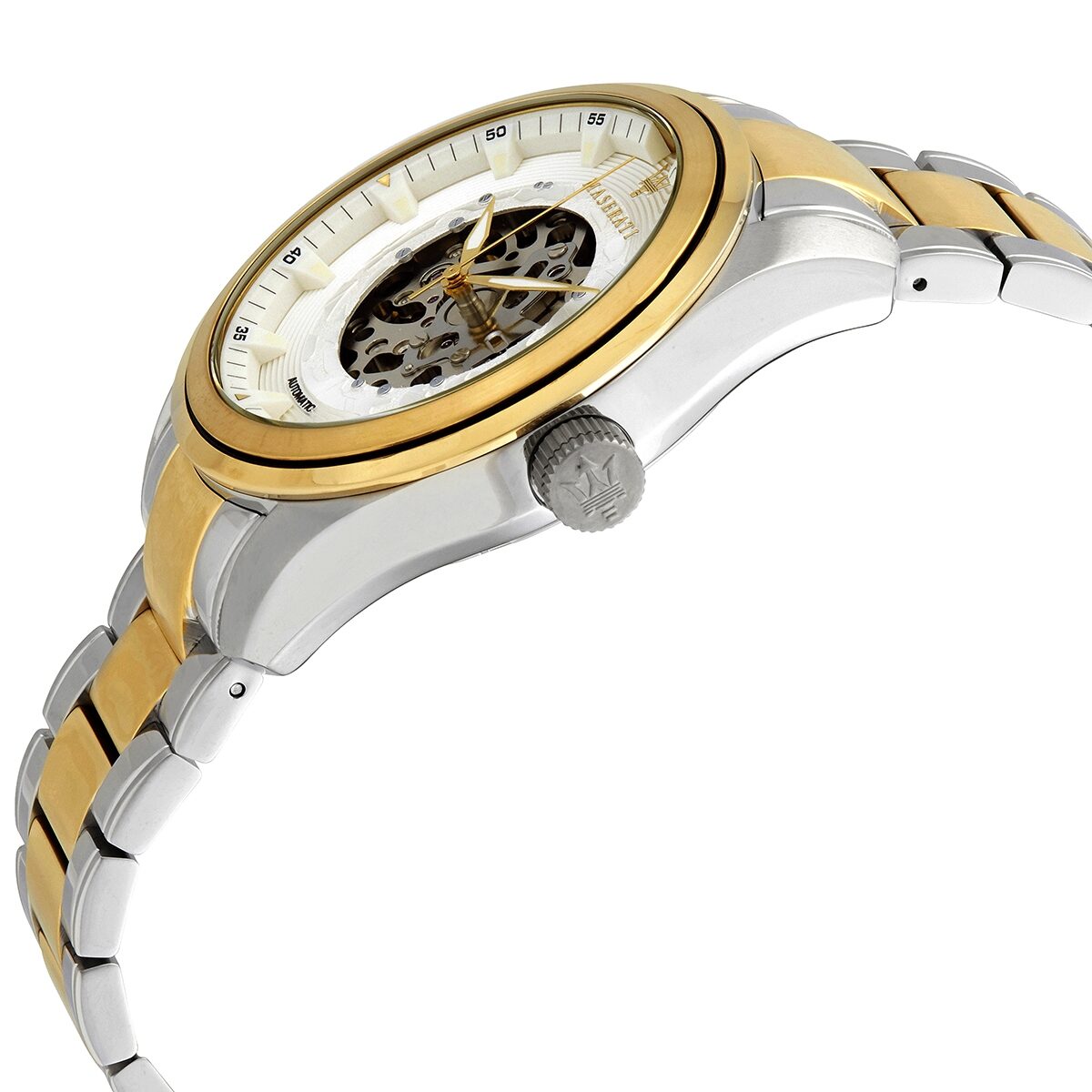 Side angle view of Maserati Traguardo automatic watch with two-tone bracelet