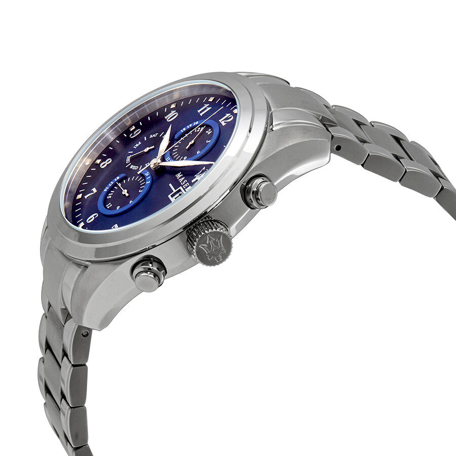 Side angle view of Maserati Traguardo watch showing stainless steel case and bracelet