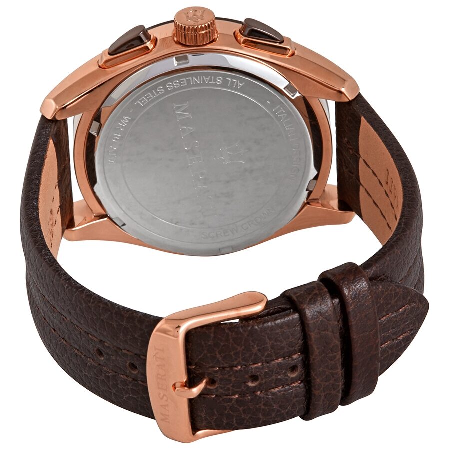Caseback view of Maserati Traguardo chronograph showing rose gold case and brown leather strap
