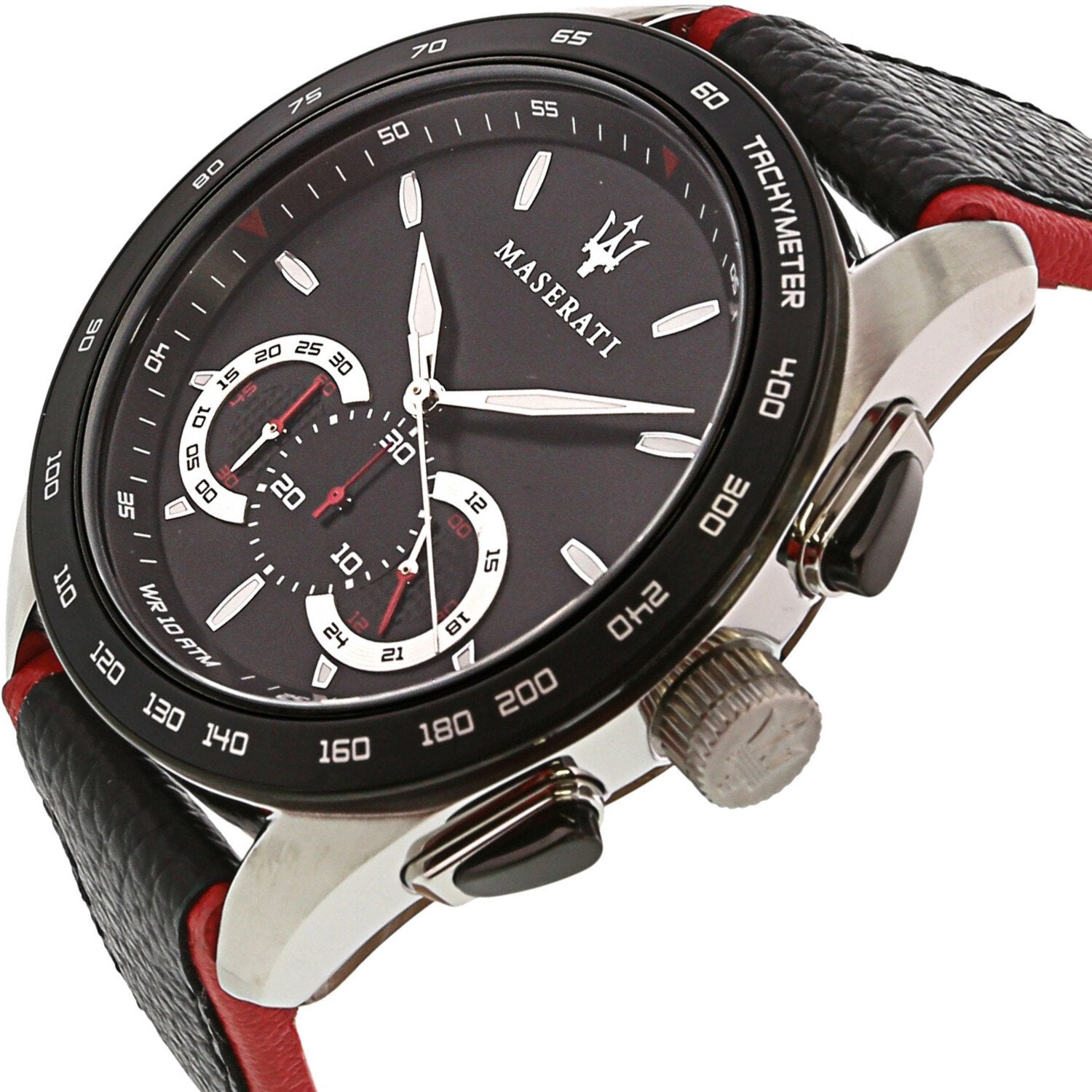 Angled view of Maserati Traguardo chronograph showing tachymeter bezel and dual subdials