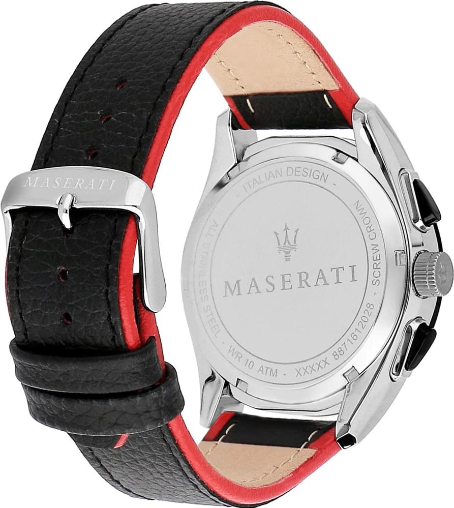 Maserati Traguardo watch caseback with engraved trident logo and black leather strap detail