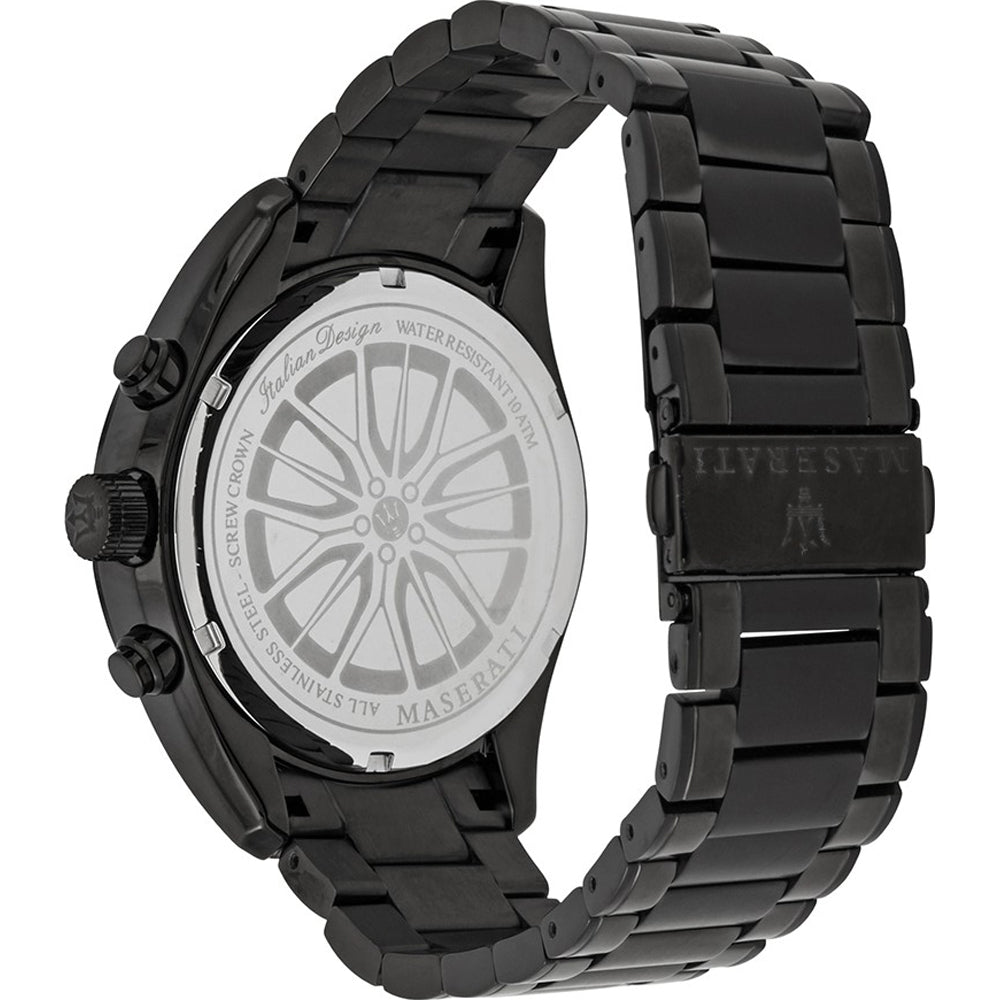 Maserati Traguardo watch caseback showing wheel engraving and gunmetal steel bracelet