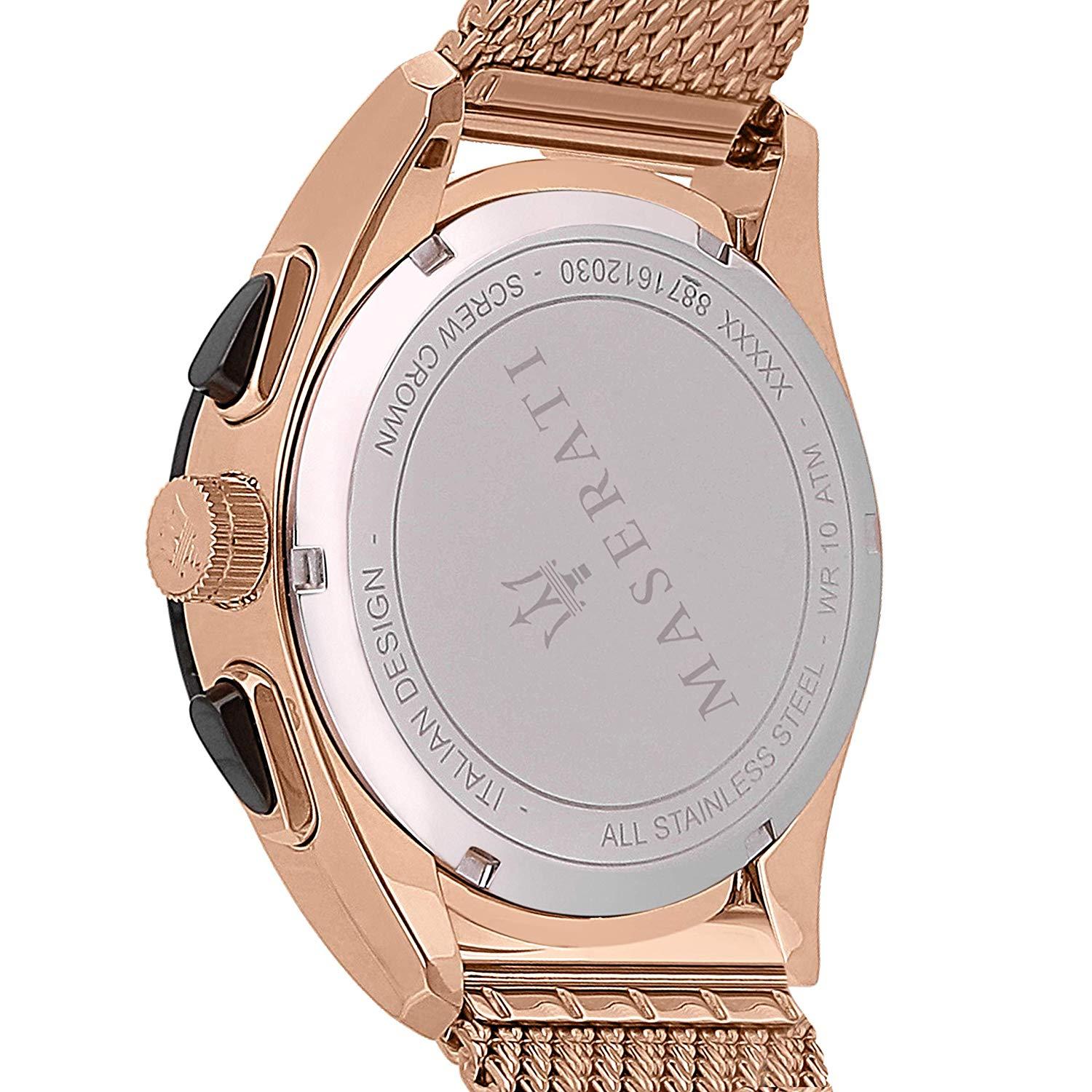 Maserati Traguardo caseback with engraved Maserati logo and stainless steel case details