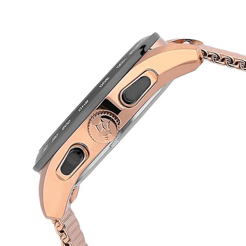 Maserati Traguardo watch side profile showing rose gold case and black chronograph pushers