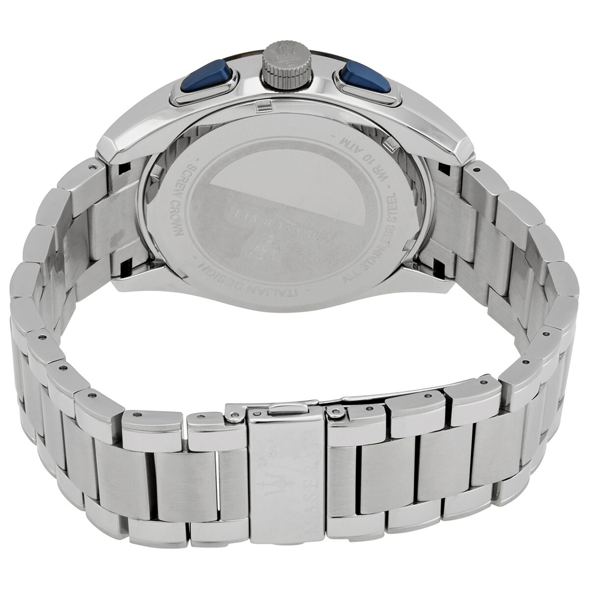 Maserati Traguardo chronograph watch caseback showing stainless steel bracelet