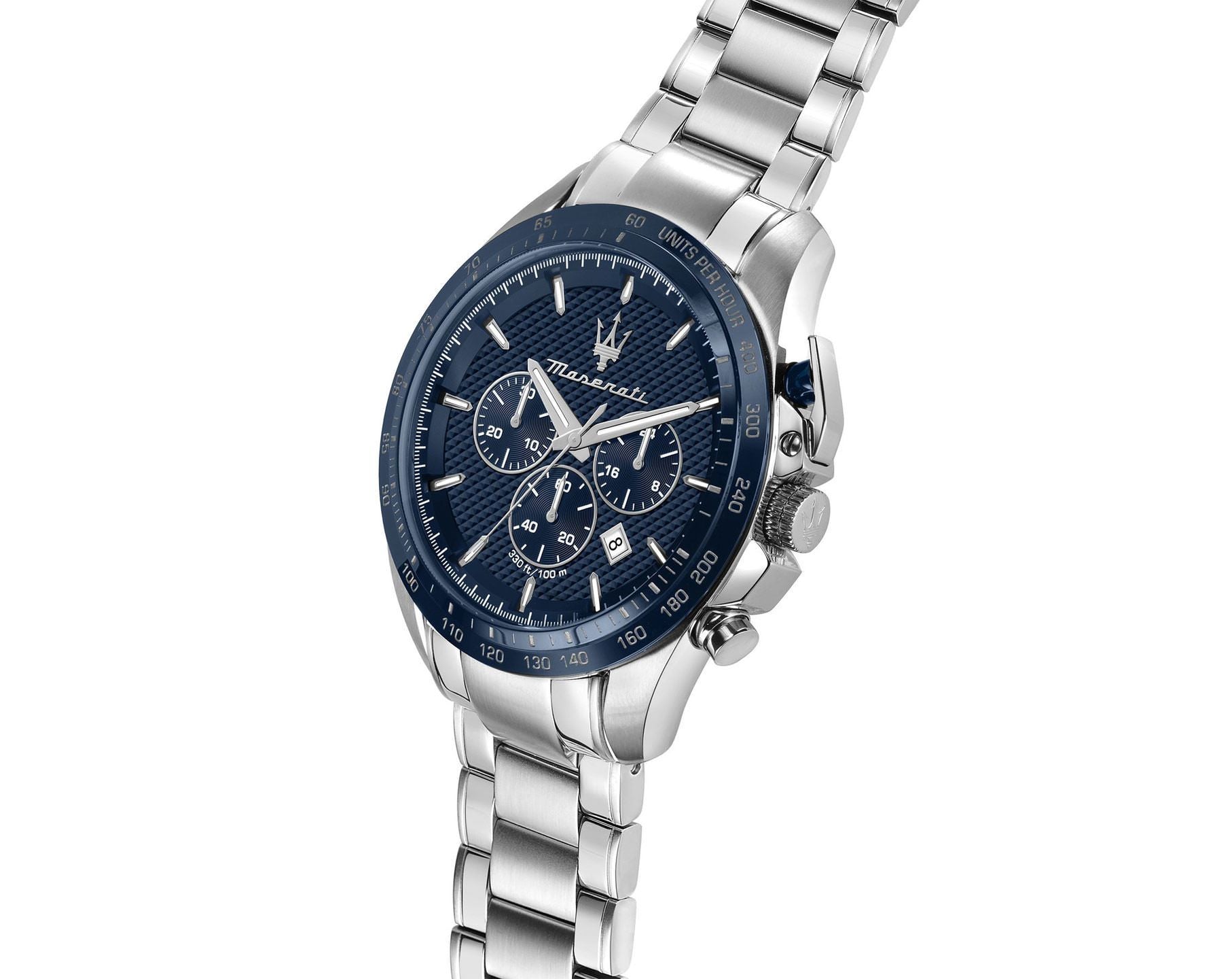 Maserati Traguardo watch angled view showing blue dial and steel bracelet