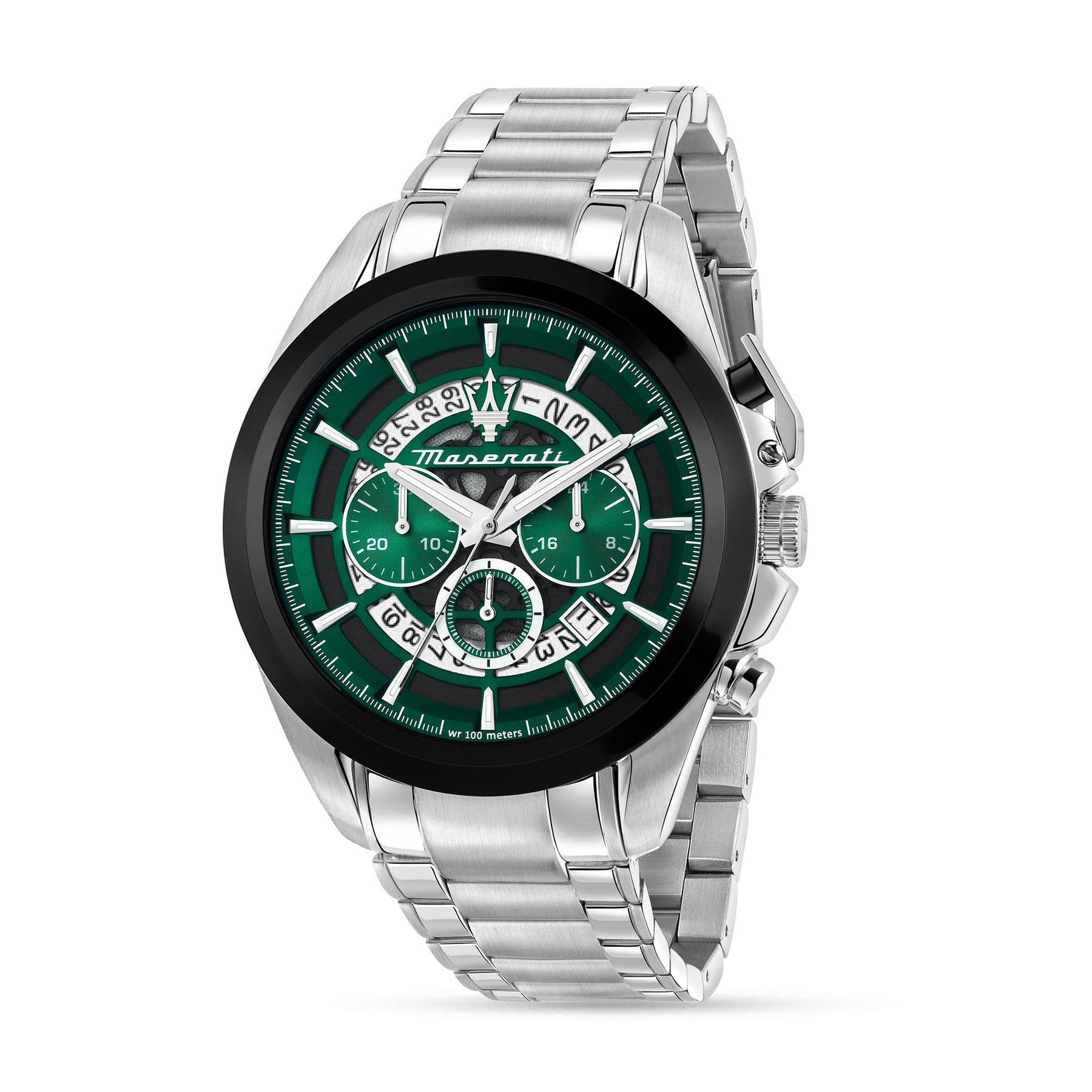 Maserati Traguardo chronograph watch with green dial and silver stainless steel case and bracelet