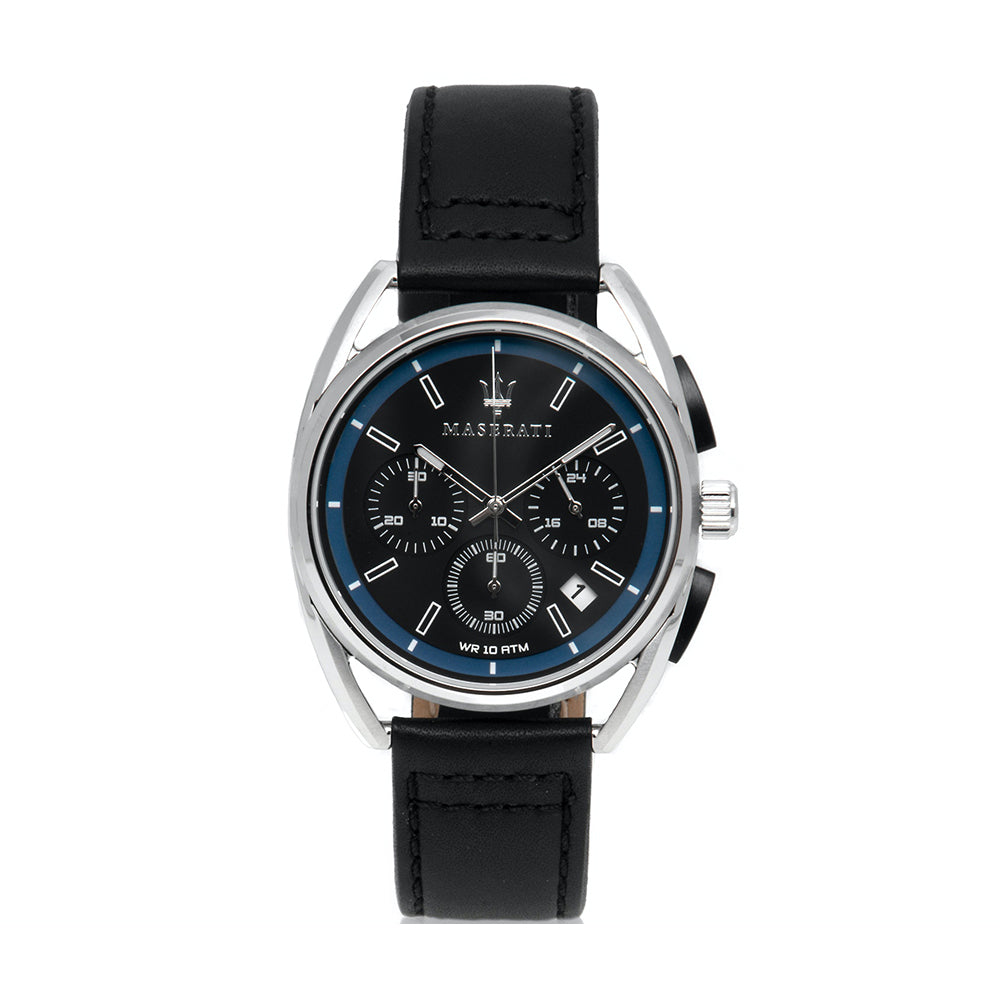 Maserati Trimarano chronograph watch side angle view showing dial and leather strap