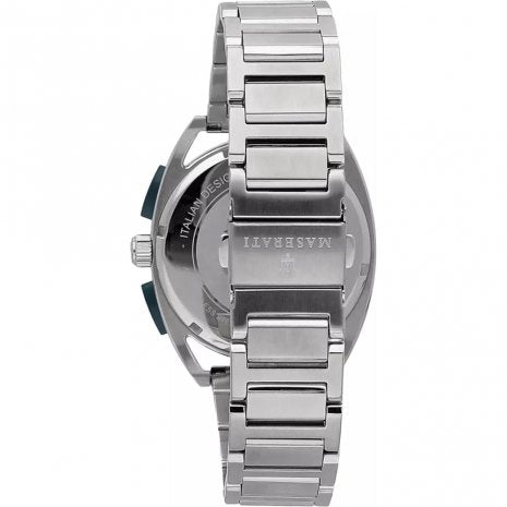 Caseback of Maserati Trimarano watch showing steel bracelet and case back engraving
