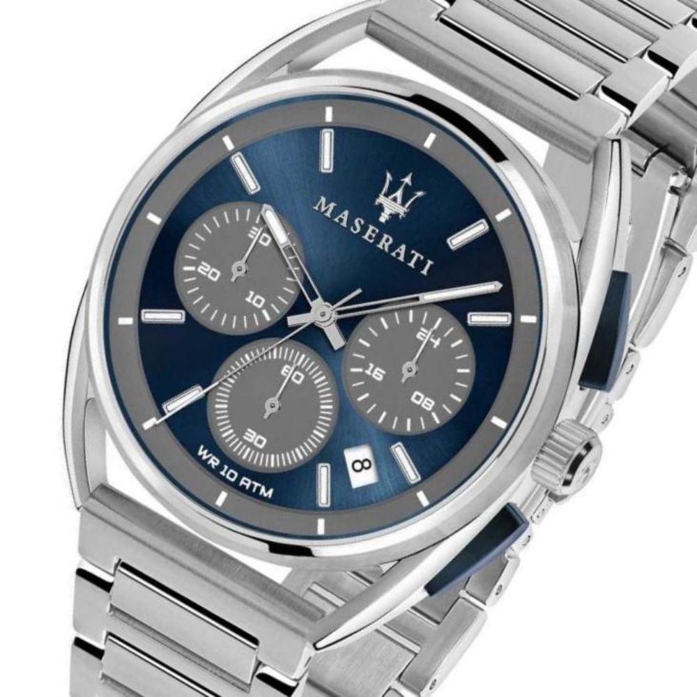 Close-up of Maserati Trimarano dial showing blue face with chronograph subdials and Maserati logo