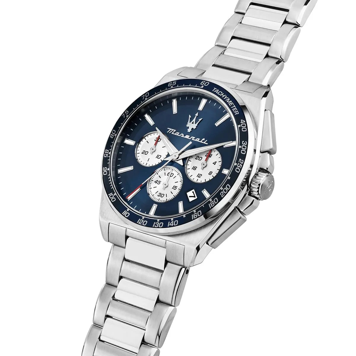 Maserati Velocità R8873652005 watch angled view showing blue dial with chronograph subdials and metal bracelet