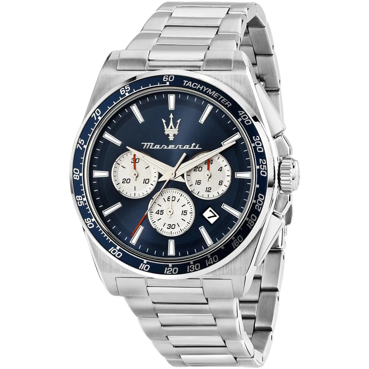 Maserati Velocità R8873652005 chronograph watch with blue dial, white subdials, and stainless steel bracelet