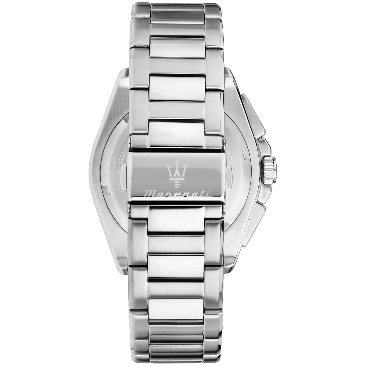 Maserati Velocità caseback view showing stainless steel bracelet and case back