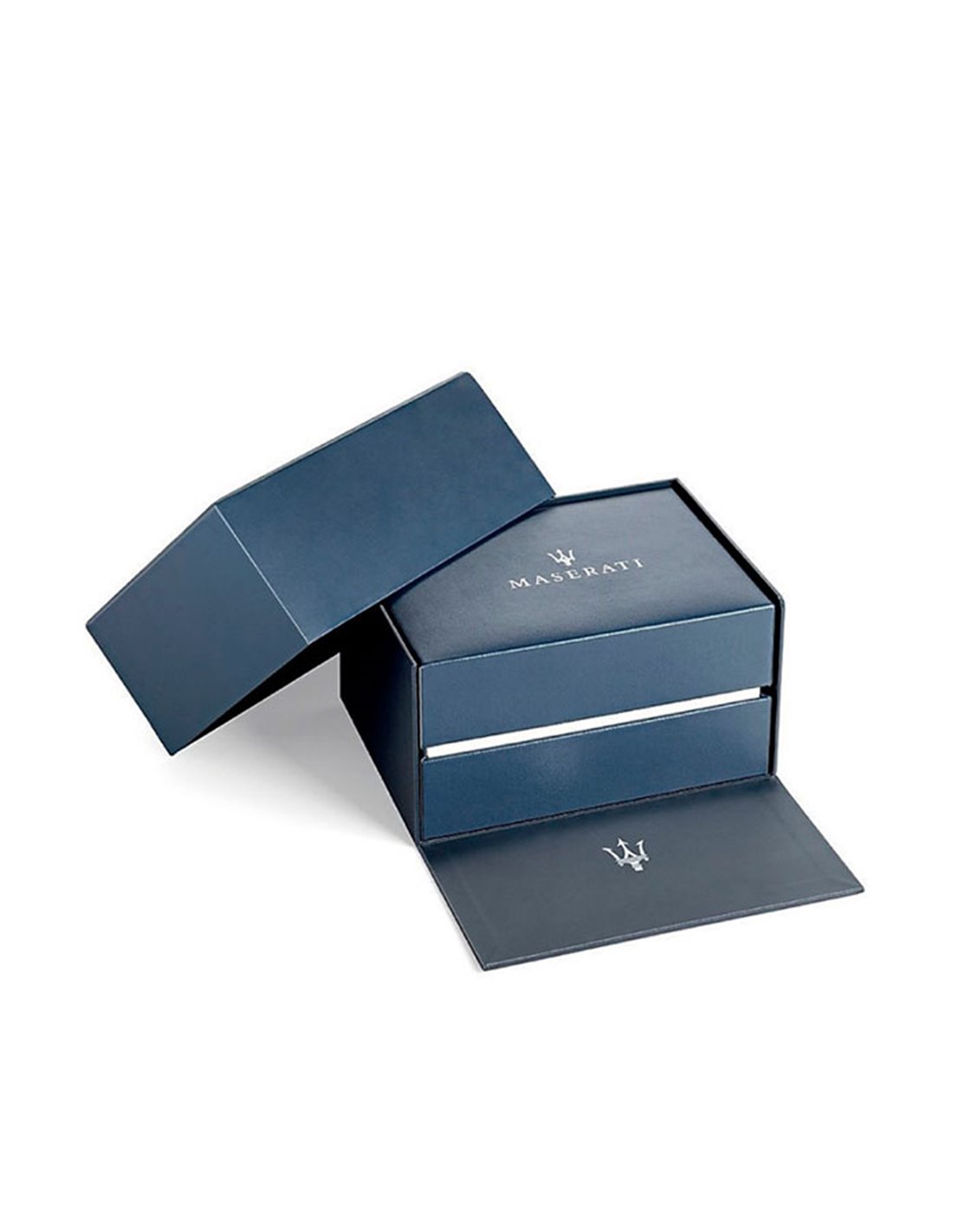 Maserati blue watch box with outer box and lift-off lid separated
