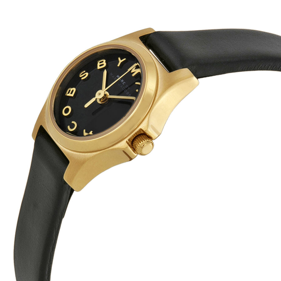 Marc by Marc Jacobs MBM1240 watch worn on wrist showing side profile with gold case and black leather strap