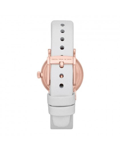 Back view of Marc by Marc Jacobs Baker watch showing white leather strap and rose gold case back