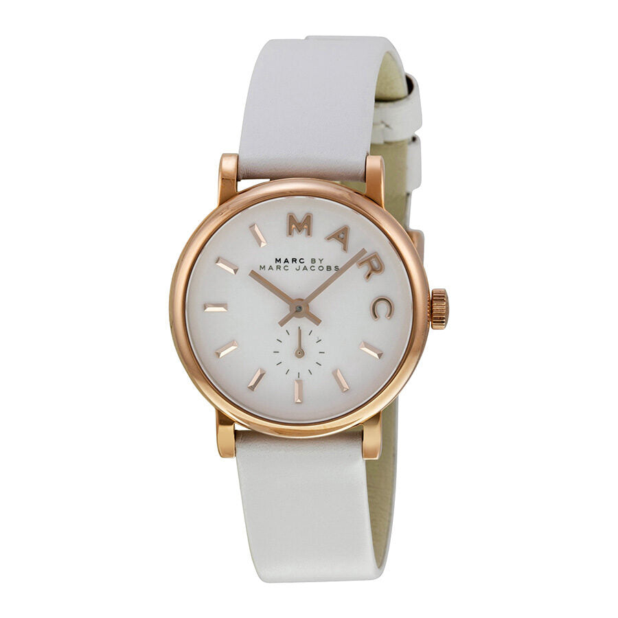 Marc by Marc Jacobs Baker watch at angle showing white dial, rose gold case, and white leather band