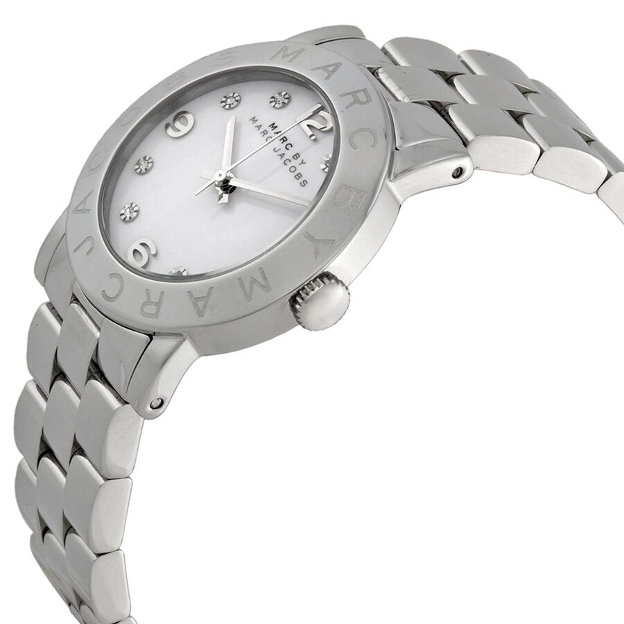 Marc by Marc Jacobs Amy watch side profile with stainless steel three-link bracelet and crown