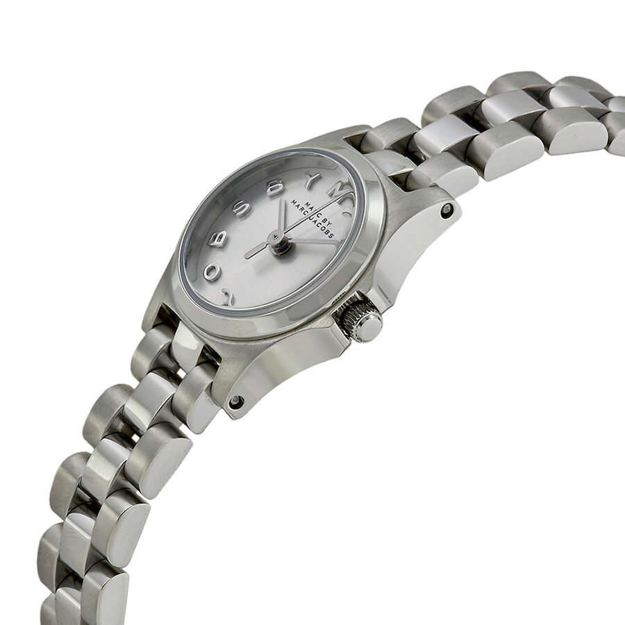 Angled view of Marc Jacobs Henry Dinky women's watch with silver dial and metal bracelet